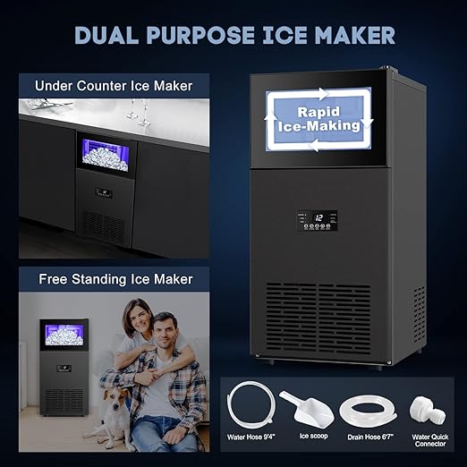 Upgraded Commercial Ice Maker - 130LBS/24H with 35LBS Storage Bin, 15" Wide Frosted Black Undercounter/Freestanding Ice Machine for Home Bar & Outdoor Use - Produces 45 Ice Cubes