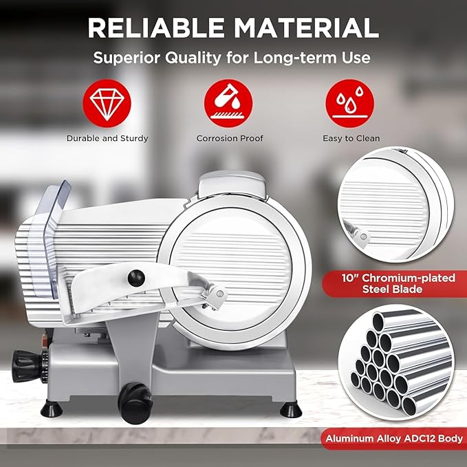 10" Commercial Meat Slicer, 340W, Electric Deli Slicer with Adjustable Thickness, Stainless Steel Blade, Built-in Sharpener, Removable Blade for Easy Cleaning