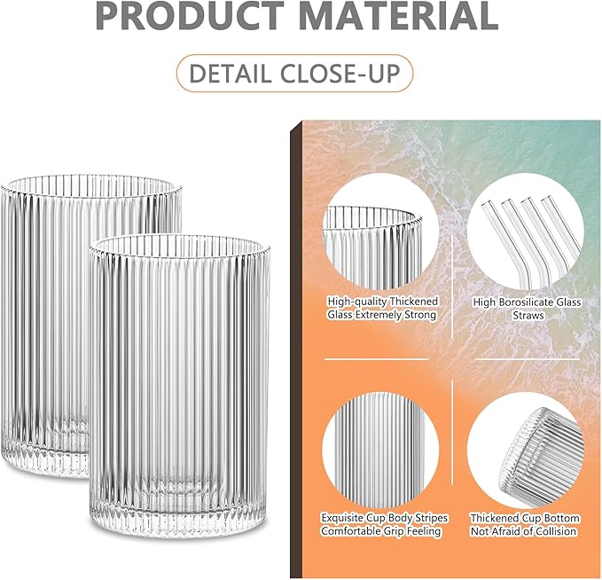 INSETLAN 17oz Ribbed Glassware Set of 4, Glass Cups Large Vintage Glassware Set, Origami Style Cocktail Glasses, Ideal for Beer, Juice, Water, Ice Coffee Cup, Whiskey