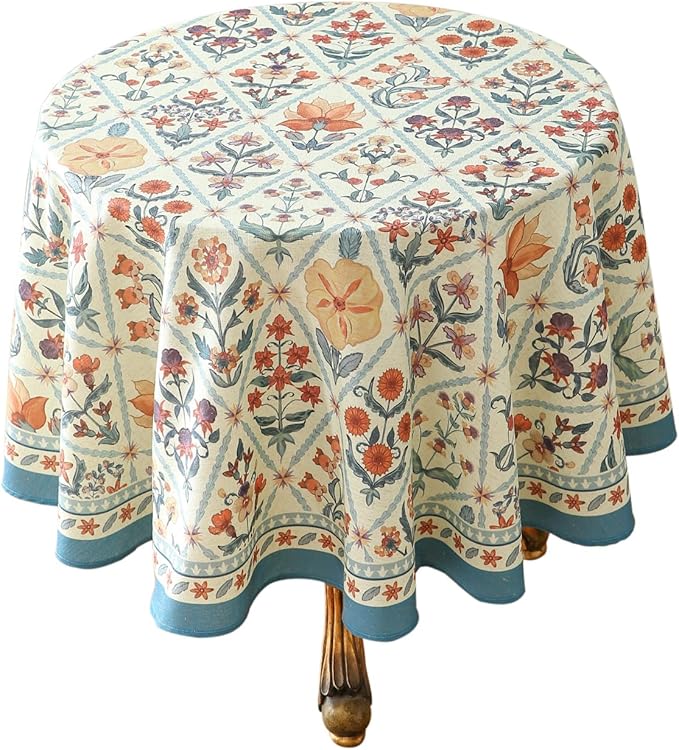 French Tablecloth for Round Tables,Linen Table Cloth with Colorful Flowers and Leaves Pattern,Heavy Durable Table Cover for Dining Thanksgiving Kitchen Decor Party Christmas,Diameter 67"