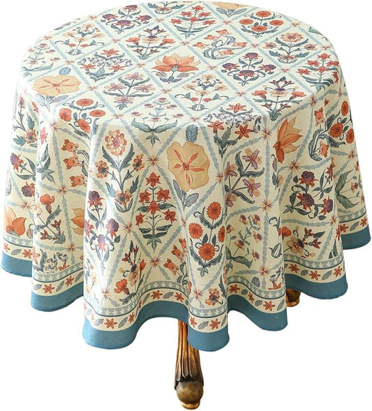 French Tablecloth for Round Tables,Linen Table Cloth with Colorful Flowers and Leaves Pattern,Heavy Durable Table Cover for Dining Thanksgiving Kitchen Decor Party Christmas,55"*55"