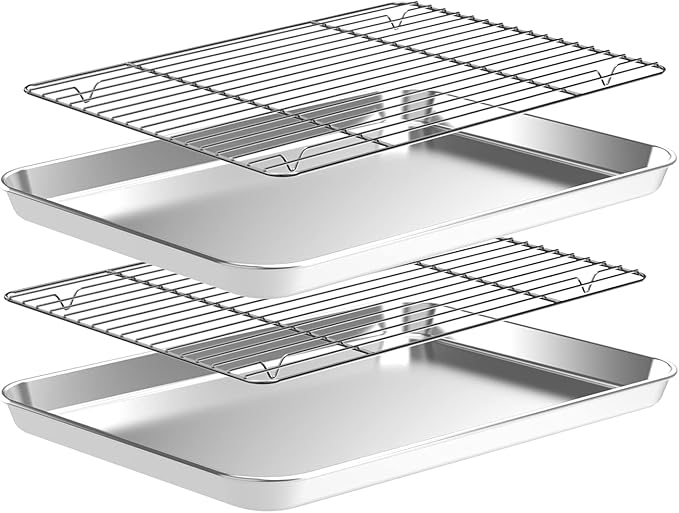 CEKEE Baking Sheet and Cooling Rack Set (2 Baking Pans + 2 Baking Racks), Stainless Steel Cookie Sheet Baking Pan Tray for Toaster Oven, Non Toxic & Heavy Duty & Easy Clean, Size 16 x 12 x 1 Inches