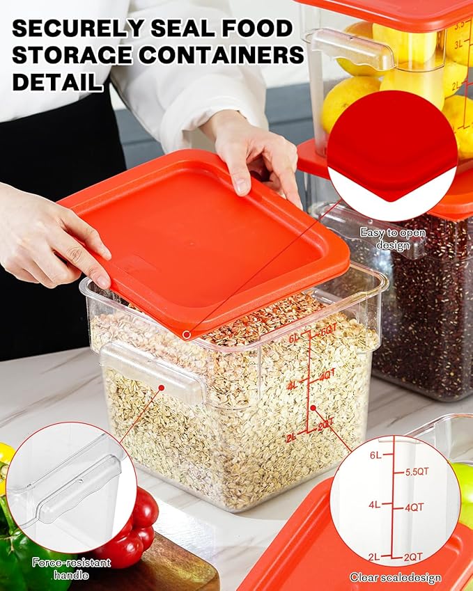 2QT4QT NSF Food Storage Containers: 8 PCS [Food Grade][Hot&Cold Resistant] Commercial Clear Square Food Storage Containers with Scales Handles for Home Restaurant Kitchen Proof Dough (Red)