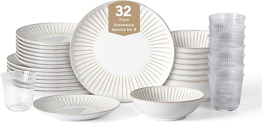 Stone Lain Linea 32-Piece Dinnerware Set Stoneware, Soda Lime Glass, White
