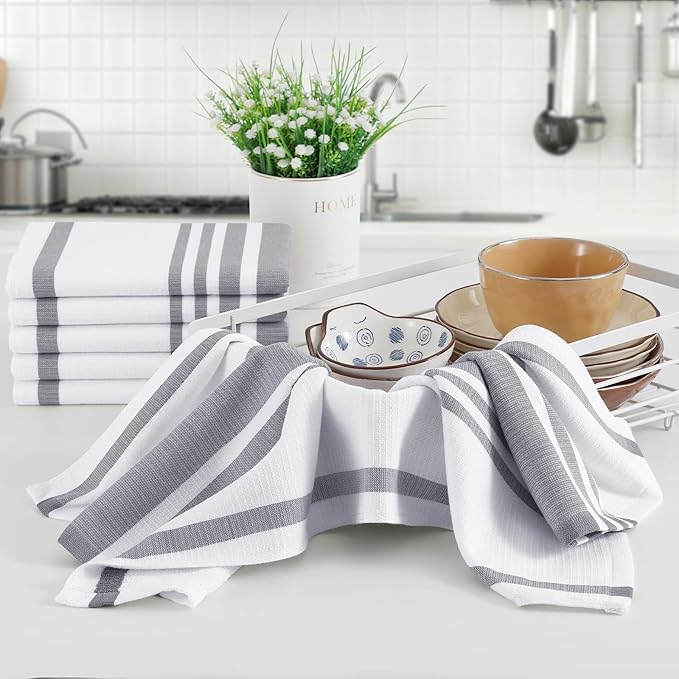Homaxy Premium Kitchen Towels 18”x 28”, Large Cotton 380 GSM Kitchen Hand Towels, Stripe and Terry Dish Towel, Highly Absorbent Tea Towel Set with Hanging Loop, 8 Pack, Grey