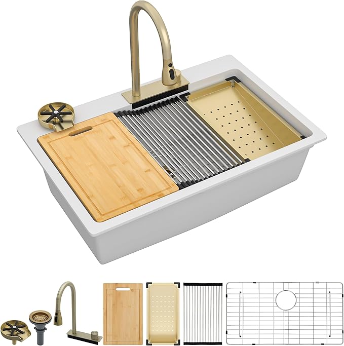 33"x22" Waterfall Kitchen Sink Workstation - White Granite Composite Quartz Classic Drop In Topmount Single Bowl Multifunction Smart Waterfall Sink with Faucet Combo & Glass Rinser