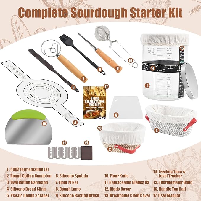 Sourdough Starter Kit, Sourdough Bread Baking Supplies with with 40oz Jar, 10" & 11" Cotton Banneton Proofing Baskets Set - Artisan Bread Tools, Silicone Sling for Homemade Sourdough Baking