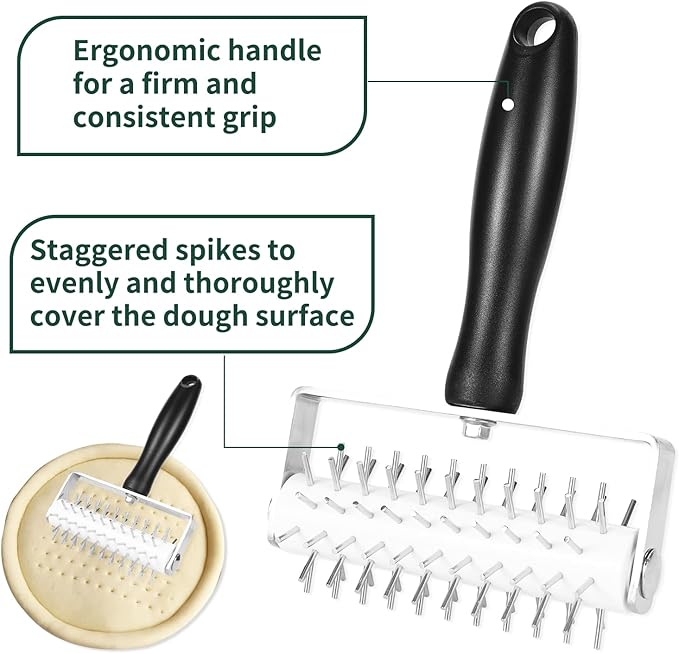 Pizza Dough Docker, Premium Dough Roller with Stainless Steel Spikes, Sturdy Pizza Docking Tool that Prevents Dough from Blistering, Time-Saver for Making Pizza Cookie Pie Pastry