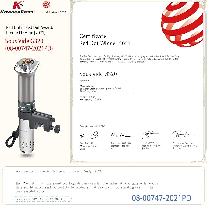 KitchenBoss Sous Vide Cooker Machine: Ultra-Quiet Built-in TFT Recipes IPX7 Waterproof Circulator Cooker Brushless DC Motor 1100 Watts Immersion Circulator Sous Vide Cooking Machine G320, Silver