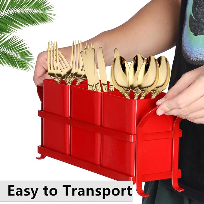 Kitchen Utensil Holder for Countertop - Outdoor Silverware Caddy, Picnic and Camping Utensil Organizer, Flatware Holder for Party Gatherings, Metal and Durable Design (Red)