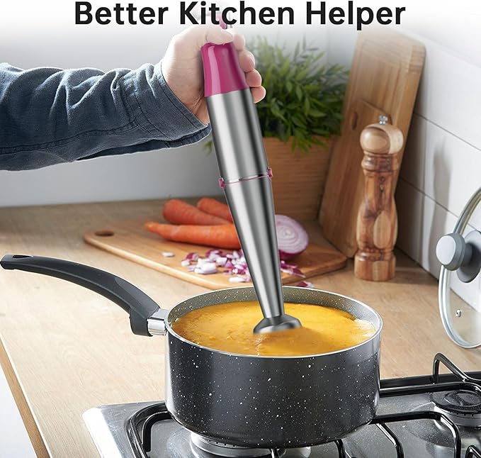Immersion Blender Handheld Corded Hand Blenders Set 1100W, Trigger Variable Speed 5 in 1 Stick Emulsifier with Chopper, Whisk and Frother for Soup, Baby Food and Smoothies, Rose Red