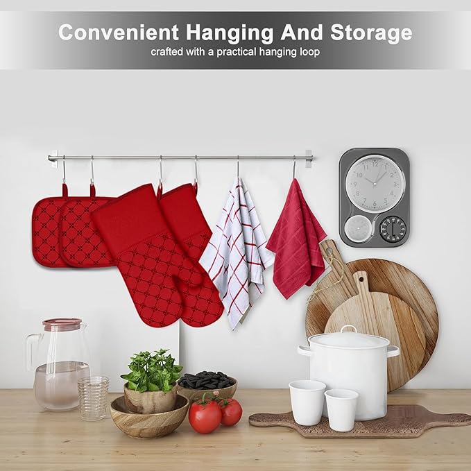 Oven Mitts Kitchen Towels Dishcloths with Pot Holders Sets 12PCS, Dish Towels Sets, Oven Gloves Pot Pads Heat Resistant 500 Degrees with Non-Slip Silicone Surface for Cooking Baking Grilling Red