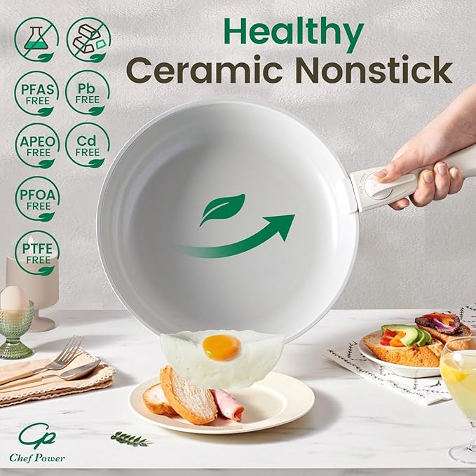 Chef Power Ceramic Nonstick Pots and Pans Set 19 Piece with Detachable Handle, Induction Dishwasher Oven Safe Cookware Set, RV Kitchen Set Removable Handle, Granite Grey and White