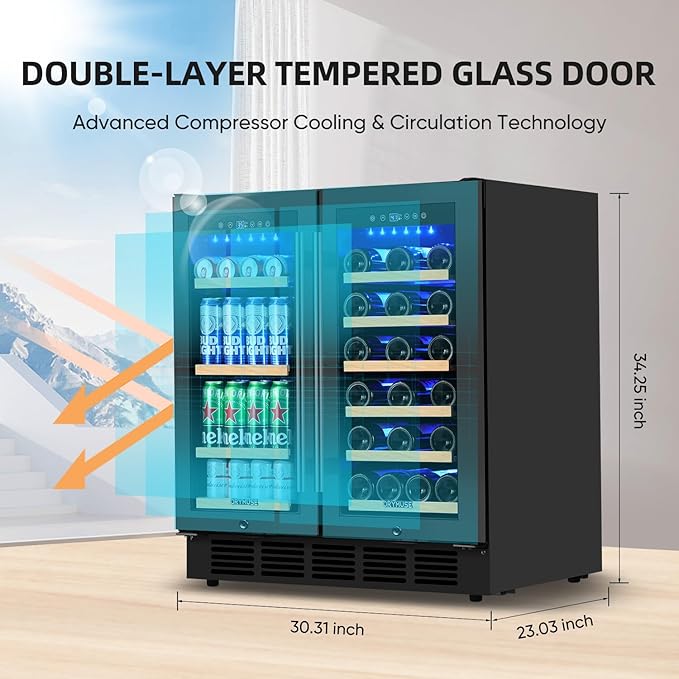 30 Inch Wine & Beverage Refrigerator– Dual Zone Beverage Cooler with Glass Door, Digital Touch Control, Wine Fridge Under-Counter or Freestanding, Holds 30 Bottles & 110 Cans Large Capacity, Black