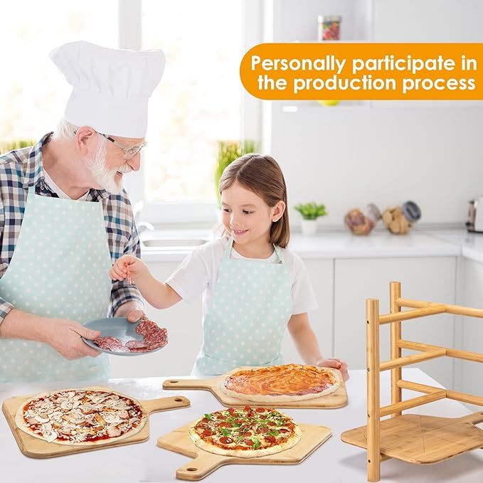 4 pcs Pizza Peel with Stand Smooth Pizza Paddle Pizza Cutting Board with 6 Slice Grooves Premium Serving Tray with Stainless Steel Pizza Cutting wheel and Pizza Shovel