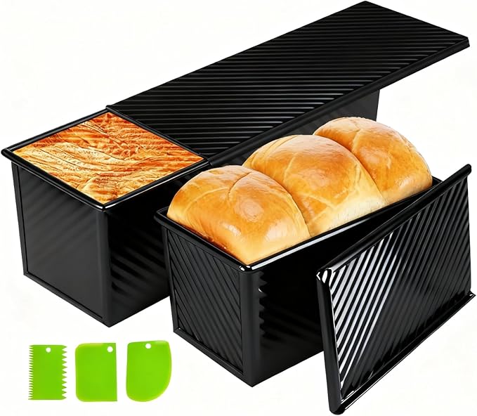 Black Pullman Loaf Pan with Lid, 13 Inch Pullman Bread Pan with Cover, 2.2LB & 1LB Dough Capacity, 2 Pack Sandwiches Bread Loaf Pan Nonstick, for Sourdough and Toast