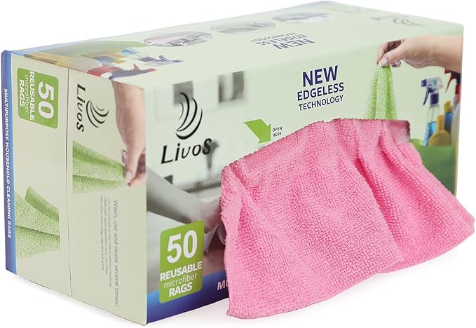 LIVOS 50 Pack Microfiber Cleaning Cloth in Box, Reusable Cleaning Rags, 11.5"x11.5", Edgeless Microfiber Wipes, Lint Free, Absorbent Shop Towels for Kitchen, Car, Glass (Pink)