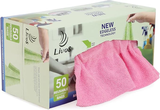 LIVOS 50 Pack Microfiber Cleaning Cloth in Box, Reusable Cleaning Rags, 11.5"x11.5", Edgeless Microfiber Wipes, Lint Free, Absorbent Shop Towels for Kitchen, Car, Glass (Pink)