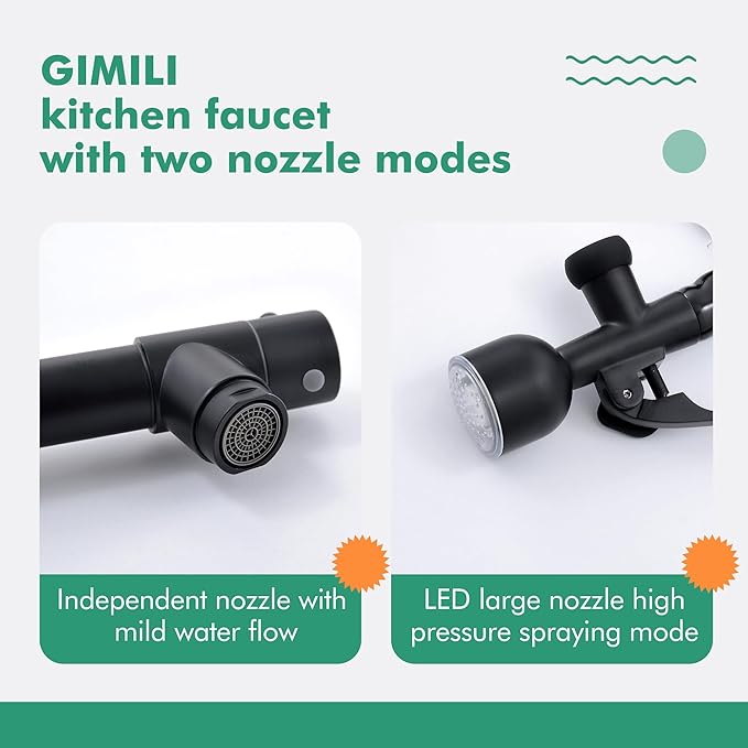 GIMILI Kitchen Faucet with LED Single Handle Kitchen Sink Faucet with Pull Down Sprayer Commercial Double-Headed Stainless Steel Kitchen Faucets Sink with Deck Plate Matte Black