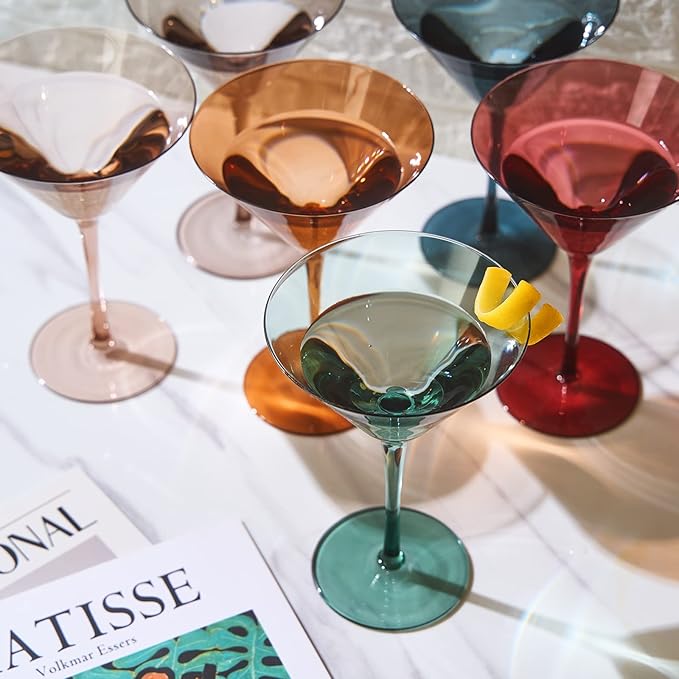 Colored Martini & Cocktail Crystal Glasses - 10oz | Set of 6 | Cute Pastel Muted Crystal Cocktail Glassware, Unique Gift Wife, Her, Mom, Friend Cocktails, Red & White Tall Stemmed Drinkware, Gifts