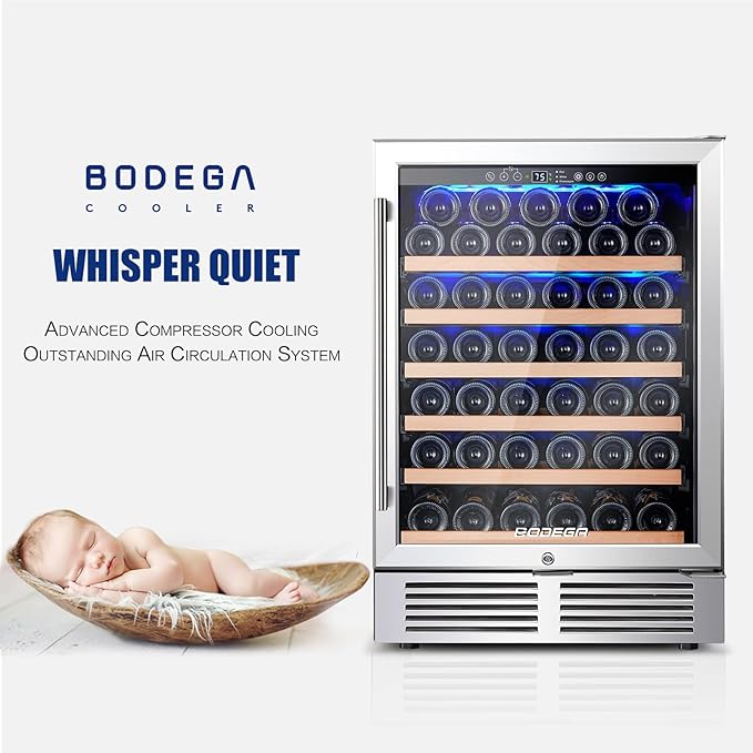 BODEGA Wine Fridge Freestanding, 24 inch Under Counter Wine Refrigerator, Cooler with App Control, Glass Door, for Kitchen, Bedroom, Home, Office, Holds 52 Bottles