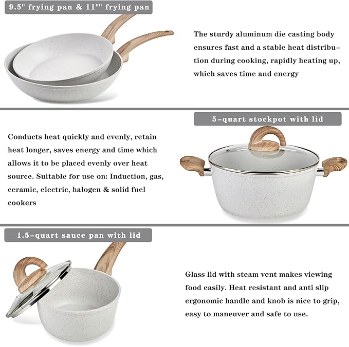 Pink Pots and Pans Set Non Stick, Ceramic Cookware Set with Granite Pattern Kitchen Cooking Sets Induction Pot and Pan w/Frying Pans, Saucepans, Casserole, Non-Toxic, PTFE/PFOA/PFOS-Free