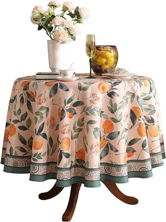 patdrea Designer Orange Tablecloth for Round Tables,Framhouse Linen Oranges and Leaves Tree Pattern Linen Tablecloth,Fall Fruit Table Cover Cloth Decor for Kitchen Dining Christmas,Diameter 67"