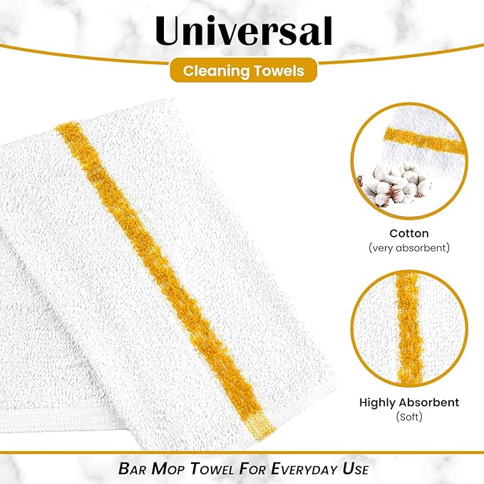 Bar Mops Gold Stripe Pack of 60 Kitchen Towels 16x19 Multi-Purpose for Home, Restaurant and Cleaning White Absorbent Washcloth Dishcloths Sets, Reusable Dish, Cloths Rags