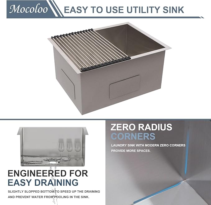 Mocoloo 23 Inch Laundry Sink - 23 x 18 Undermount Utility Sinks 16 Gauge Single Bowl Stainless Steel Utility Tub Sink 12 Inch Deep Laundry Room Sinks Under Counter Seamless Handmade Basin