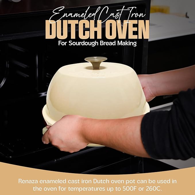 Enameled Cast Iron Dutch Oven Pot with Lid - Dutch Oven for Sourdough Bread Baking - With 5 Blade Bread Lame & Non-Stick Silicone Sling perfect for Sourdough Breads & more. Cast Iton Enamel Braiser Pan with Lid (WHITE, 6 Quart Sourdough Pot)