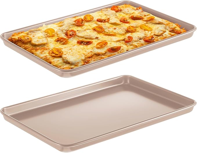 2 Pcs 17 Inch Grandma Style Pizza Pan Hard Rectangular Gold Non Stick Sicilian Style Carbon Steel Pizza Pan Dish Pre Seasoned Bakeware Kitchenware
