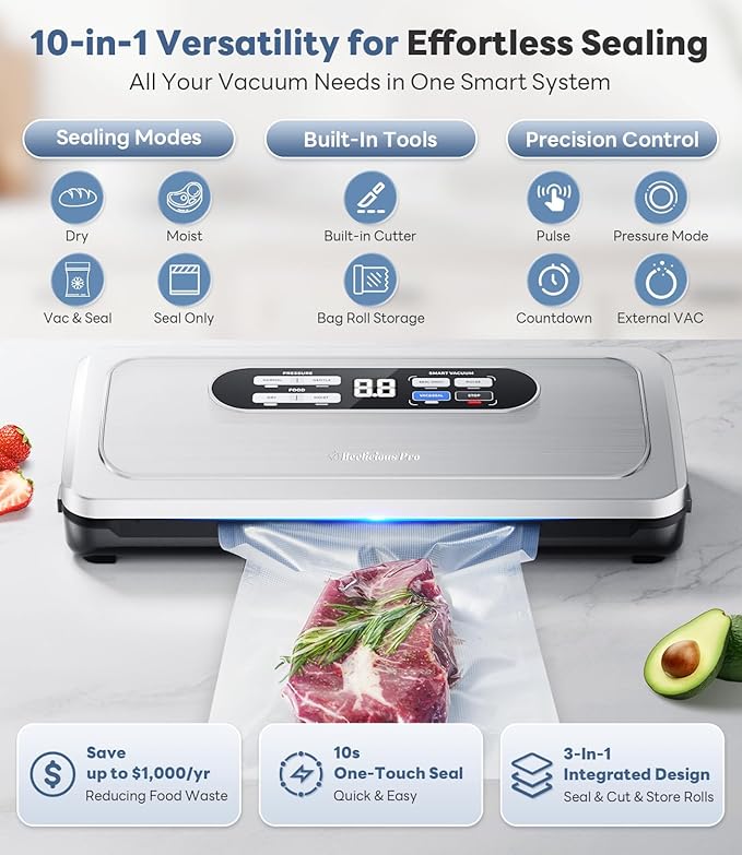 Vacuum Sealer Machine with AirLock ProSeal System, 10-in-1 Vacuum Sealer for Food, Dry & Moist Modes, Compact Design with Digital Timer, Built-in Cutter & Roll Storage, Stainless Steel