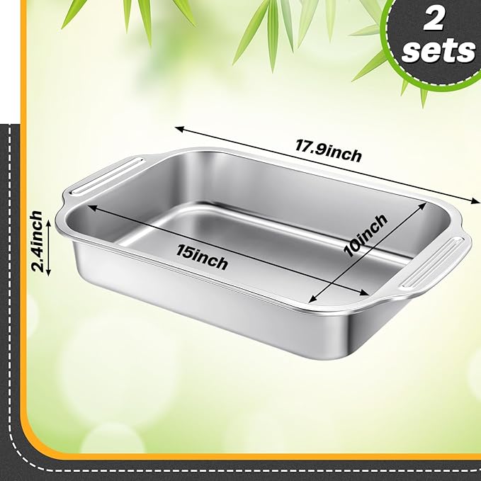2 Pcs Stainless Steel Cake Pan 15 x 10 Inch Baking Pan with Handle Rectangle Baking Bakeware for Fish Cakes Breads Casseroles Vegetables Dishwasher Safe