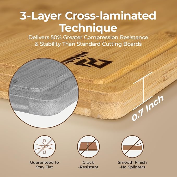 Large Bamboo Cutting Boards Set of 4 for Kitchen, Bamboo Charcuterie Chopping Board with Holder Non Slip, Steak Serving Tray with Juice Groove, Big Butcher Block for Cheese, Ideal for Gift
