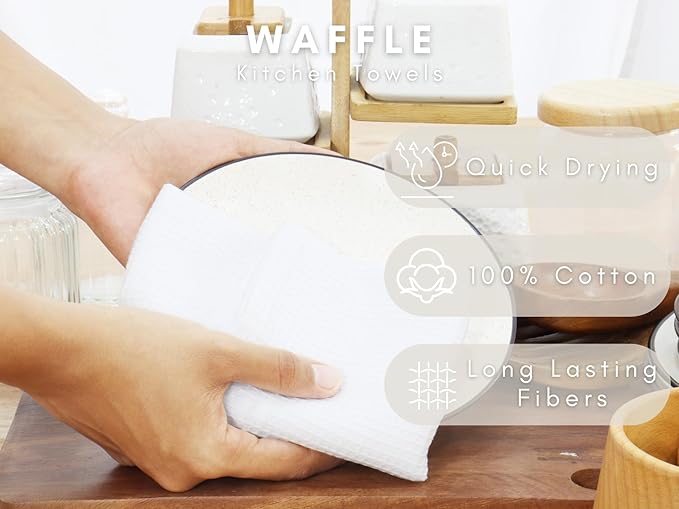 PurpleEssences Waffle Weave Kitchen Towel, 100% Cotton, 15x25 Inches, with Hanging Loop Ultra Soft Absorbent Quick Drying Dish Cloth, Tea and Hand Towels, 6 Pack - Christmas Holiday Winter - White