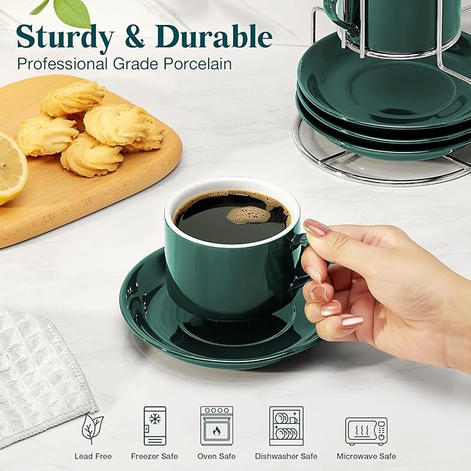 8 Ounce Green Porcelain Stackable Cappuccino Cups with Stainless Steel Holder, Set of 4, Durable Ceramic, Perfect for Home, Office or Gift