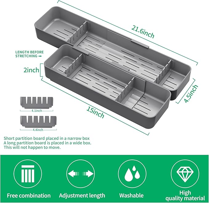 Kitchen Drawer Silverware Organizer, Adjustable Cutlery Organizer, Expandable Utensils Holder, Silverware Dividers Tray, Storage for Flatware, Large Drain Board (Gray,2 Sets)