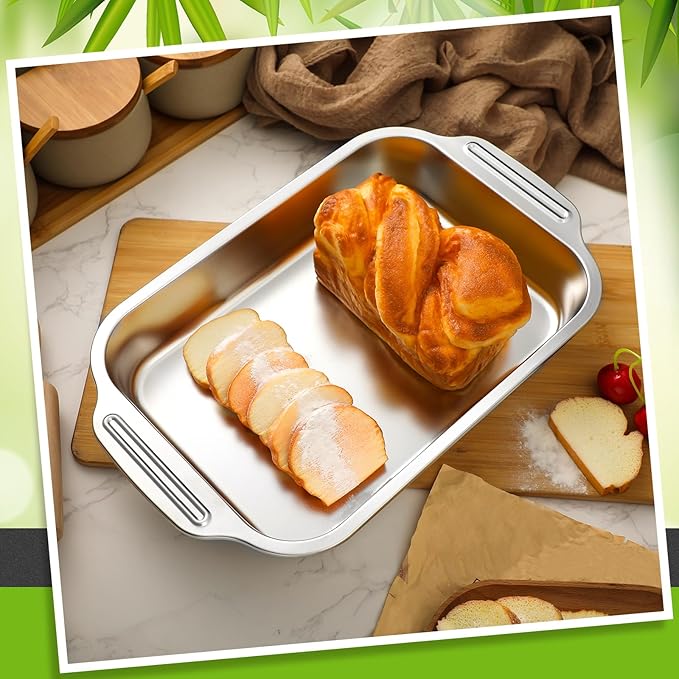 2 Pcs Stainless Steel Cake Pan 9 x 13 Inch Baking Pan with Handle Rectangle Baking Bakeware for Fish Cakes Breads Casseroles Vegetables Dishwasher Safe