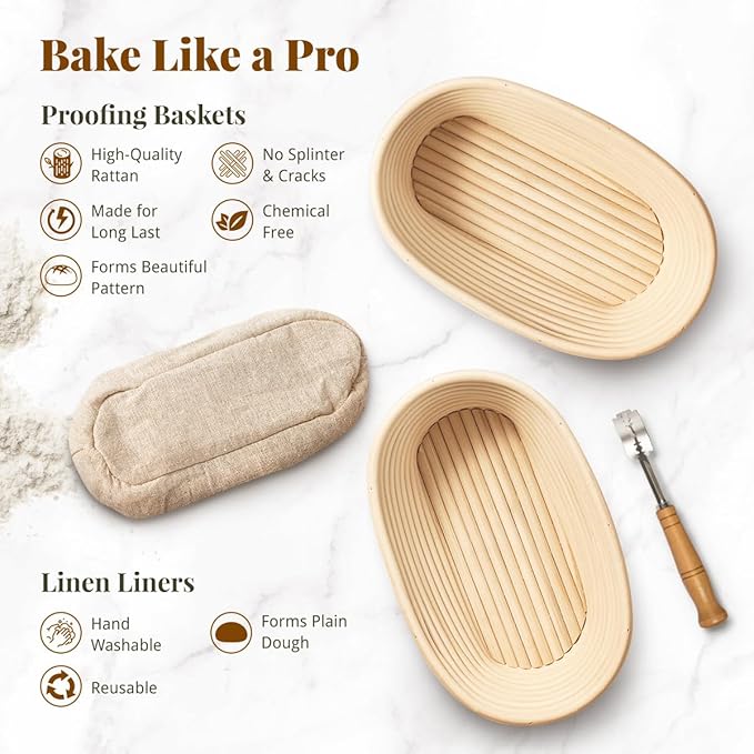 Sourdough Starter Kit, Sourdough Bread Baking Supplies with 2 Pcs 10" Oval Banneton Bread Proofing Baskets, Dough Scraper, Dough Whisk, Bread Lame, Silicone Sling, Spatula, Recipe