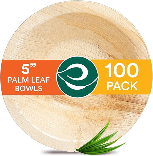 ECO SOUL Palm Leaf Bowl 100 pc, Small 5" (8 Oz) | Round Like Bamboo Bowls, Compostable, Biodegradable, Disposable Palm Leaf Bowls Eco-friendly | Sturdy, Microwave & Oven Safe