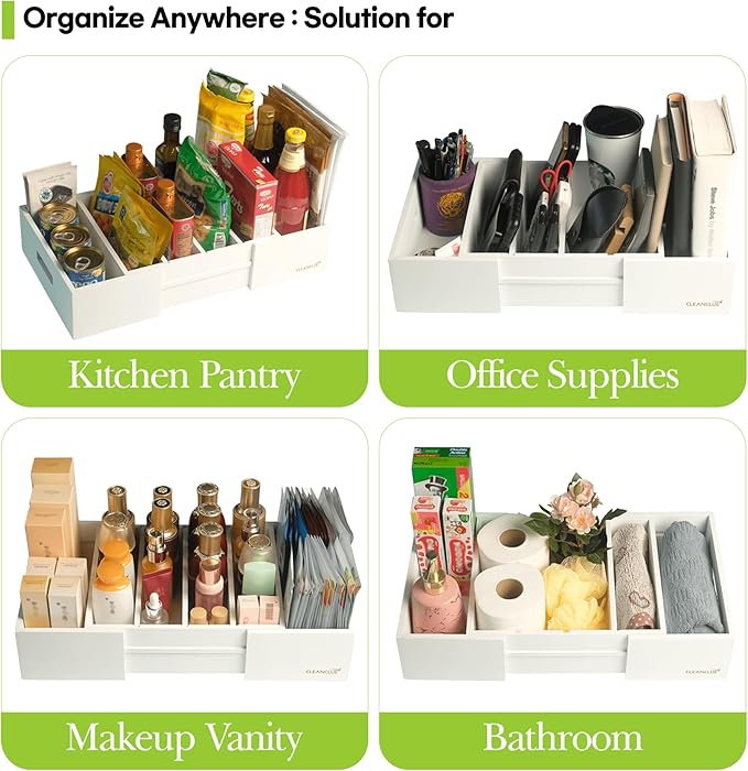 Expandable Kitchen Cabinet Organizer for Food Storage Container Lids, Bamboo Drawer Caddy Adjustable Dividers, Box for Kitchen Storage and Organization, Lids Organizer for Cabinet (White)