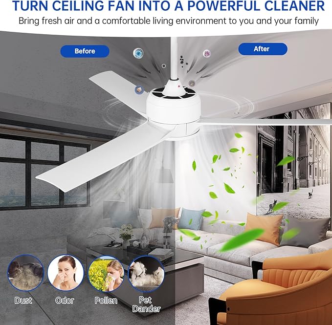 52 Inch White Ceiling Fan with Filters, Quiet DC Motor 3 Blade Ceiling Fan with Lights Remote Control, Dimmable 3 Colors LED/6 Speed High CFM for Home Kitchen/Living Room/Bedroom