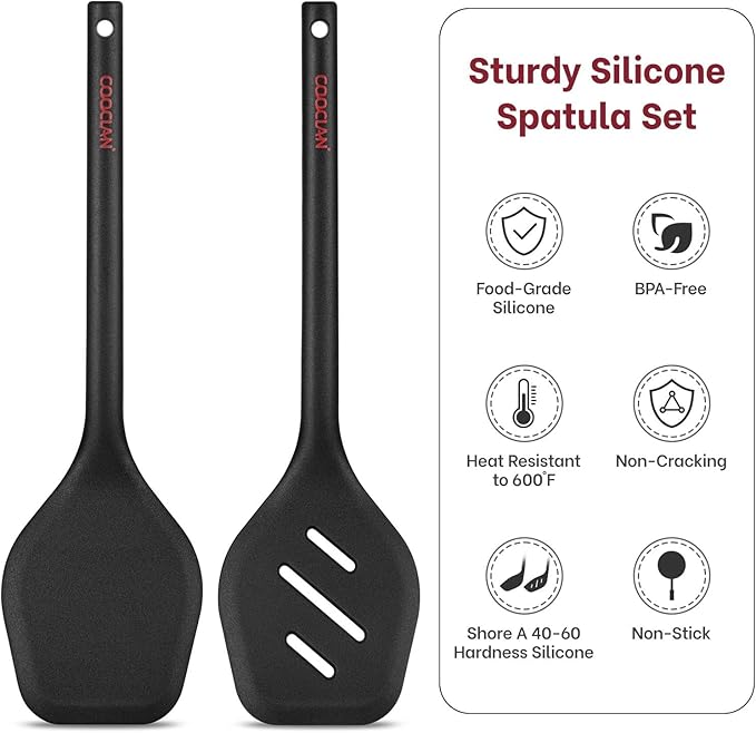 Silicone Spatula Set (BPA-Free), 600°F Heat Resistant Spatulas for Non-Stick Pans, 2 Pack Solid & Slotted Silicone Turner, One-Piece Cooking Spatula Turners for Kitchen Use, Black