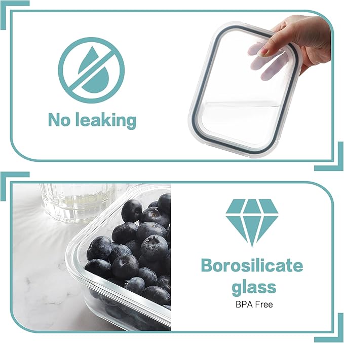 HOMBERKING 10 Pack 22oz Glass Meal Prep Containers, Food Storage Containers with Lids, Airtight Lunch Bento Boxes, BPA-Free & Leak Proof (10 lids & 10 Containers) - Grey