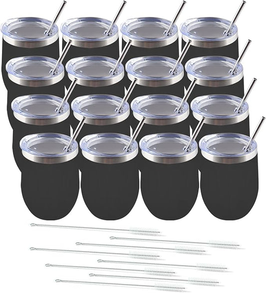 Amtidy 16 Pack Powder Coated Stainless Steel Tumbler with Lid,Equipped with straw and straw brush，12 oz Double Wall Vacuum Insulated Travel Tumbler Cup for Coffee, Wine, Cocktails