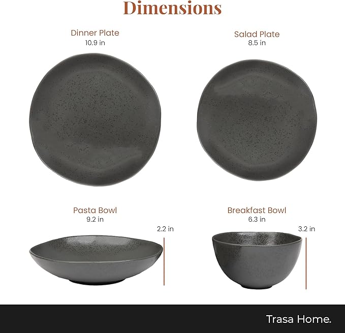 Trasa Home Eco-Friendly High Fired Artisan Stoneware Dinnerware 16 piece set, 4 place settings (Charcoal)