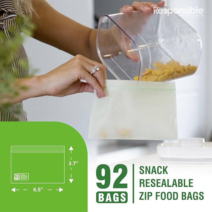 Certified Compostable SNACK Resealable Zip Bag, Extra Strength Food Bags, Plant-Based Freezer-Safe (92 Pack)