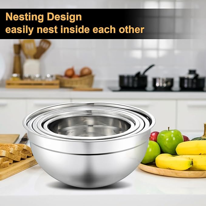 5 Piece Mixing Bowl Set, Mixing Bowls with Lid, Stainless Steel Mixing Bowls for Baking, Size 1.5, 2.1, 3.5, 4, 4.5QT, Baking Bowl for Food Preparation, Mixing and Serving Foods
