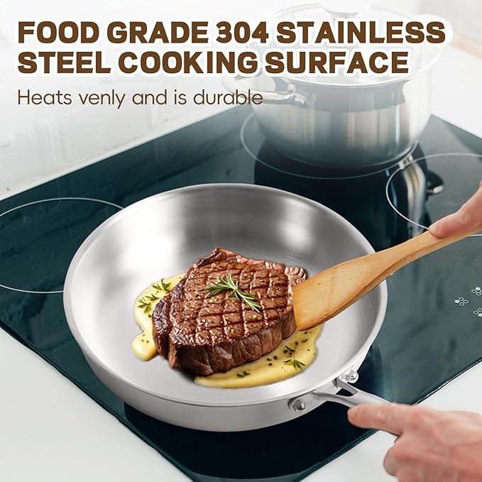 GOLDEN KEY 12 Inch Stainless Steel Frying Pan,Tri-Ply Stainless Steel Skillets with Lid,Stainless Steel Pans Oven Safe 600F, Fast & Even Heat,Compatible with All Cooktops,Dishwasher Safe
