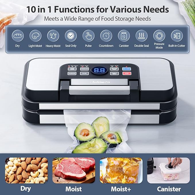 95Kpa Powerful Precision Pro Vacuum Sealer, with Double Heat Seal & Double Pump, Easy-Lock Handle, 10-in-1 Vacuum Sealer Machine for Food with Bags Storage